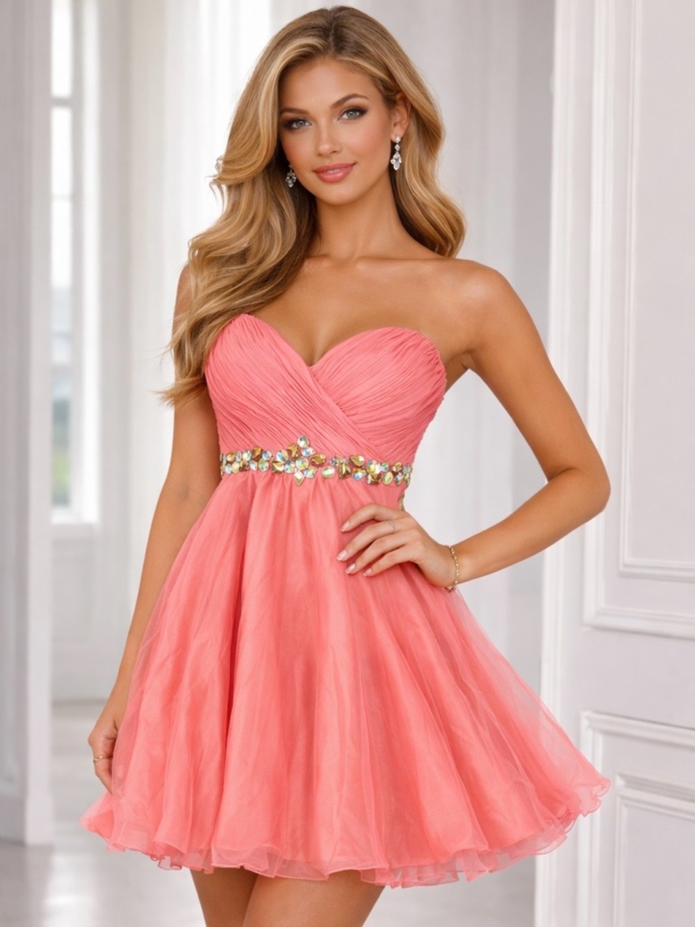Alyce Paris Coral Strapless Jeweled Sweetheart Mini Dress